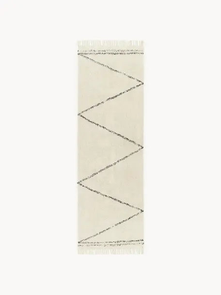 Handgetuft katoenen loper Asisa met zigzag patroon en franjes, 100% katoen, Beige, zwart, Ø 110 cm (maat S)