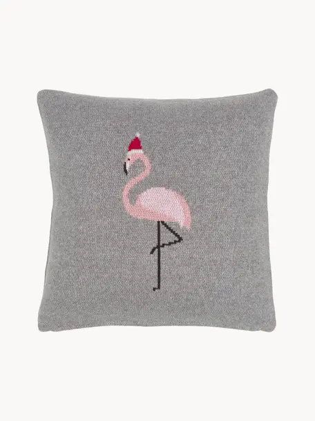 Strick-Kissenhülle Flamingo, 100 % Baumwolle, Grau, Hellrosa, B 40 x L 40 cm