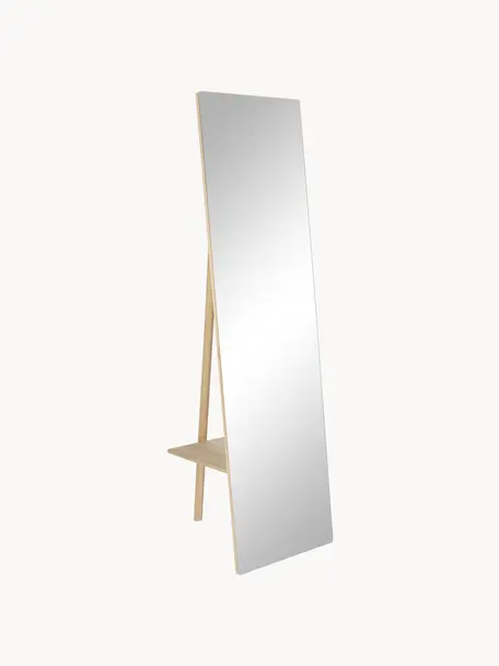 Frameloze staande spiegel Keisy met een licht houten lijst en plank, Lijst: gecoat MDF, Lichtbruin, B 45 x H 160 cm