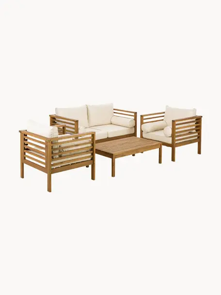 Set lounge para exterior de madera de acacia Bo, 4 pzas., Tapizado: poliéster (resistente a l, Estructura: madera de acacia maciza a, Beige, acacia, Set de diferentes tamaños