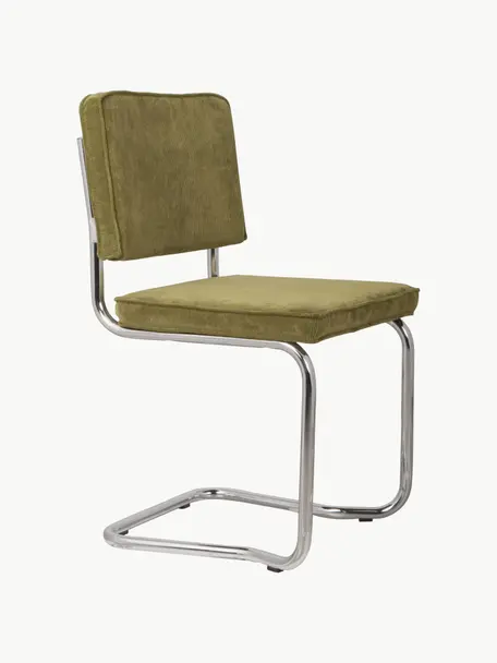 Chaises cantilever en velours côtelé Kink, 2 pièces, Velours côtelé vert, cadre argenté, larg. 48 x prof. 48 cm