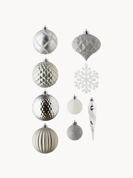 Set addobbi per albero infrangibili Valerie 50 pz, Plastica infrangibile, Argentato, bianco, Set in varie misure