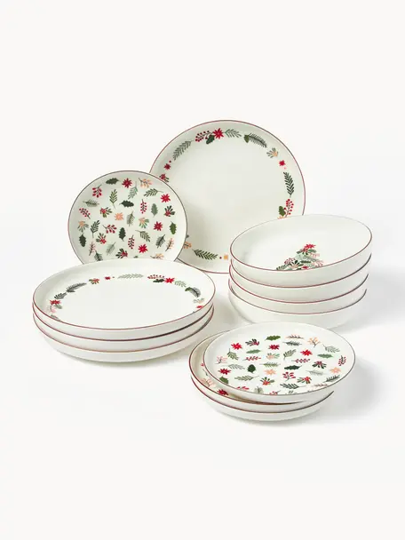 Porcelánová súprava vianočných tanierov Eve, 4 osoby (12 dielov), Porcelán, lesklý, Viacfarebná, 4 osoby (12 dielov)