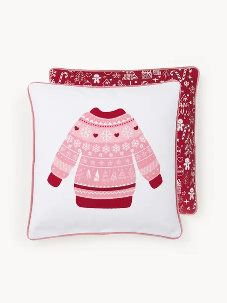 Wendekissenhülle Sweater mit winterlichem Motiv, Bezug: 100 % Baumwolle, Weiss, Rot, Altrosa, B 45 x L 45 cm