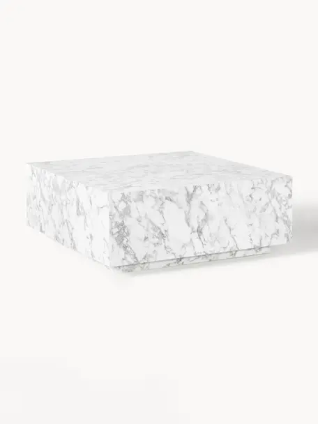 Konferenční stolek v mramorovém vzhledu Lesley, Dřevovláknitá deska střední hustoty (MDF) pokrytá melaminovou fólií, mangové dřevo, Bílý mramorový vzhled, lesklý, Š 90 cm, H 90 cm