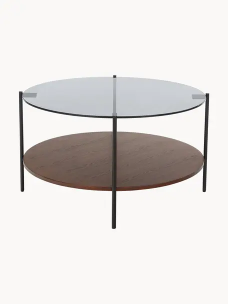 Table basse avec plateau en verre Valentina, Bois de frêne, noir, Ø 84 cm