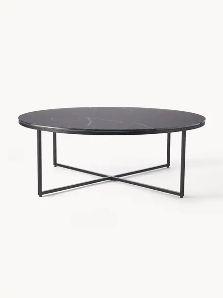 Kulatý konferenční XL stolek se skleněnou deskou v mramorovém vzhledu Antigua, Černý mramorový vzhled, matná černá, Ø 100 cm