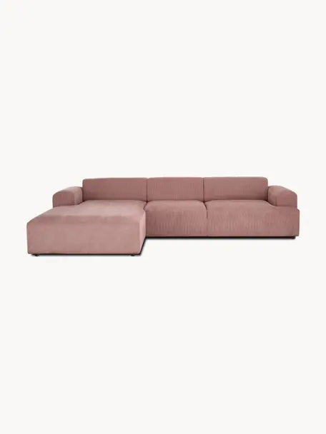 Sofa narożna ze sztruksu Melva (4-osobowa), Tapicerka: sztruks (92% poliester, 8, Stelaż: lite drewno sosnowe, cert, Nogi: tworzywo sztuczne, Brudnoróżowy sztruks, S 319 x G 196 cm, lewostronna