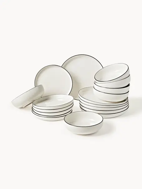 Porcelánová súprava riadu Facile, 6 osôb (18 dielov), Vysokokvalitný tvrdý porcelán (cca 50 % kaolín, 25 % kremeň a 25 % živec), Off White s čiernym okrajom, 6 osôb (18 dielna súprava)