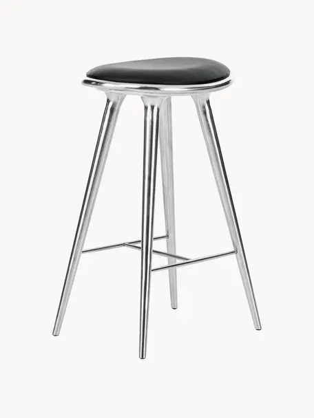 Barhocker High Stool aus Aluminium und Lede, Beine: Aluminium, beschichtet, Sitzfläche: Leder, Silberfarben, Leder Schwarz, B 45 x H 69 cm