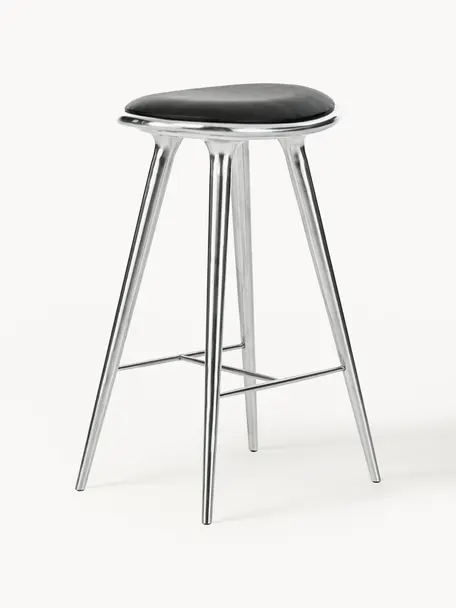 Barhocker High Stool, Beine: Aluminium, beschichtet, Sitzfläche: Leder, Leder Schwarz, Silberfarben glänzend, B 45 x H 69 cm