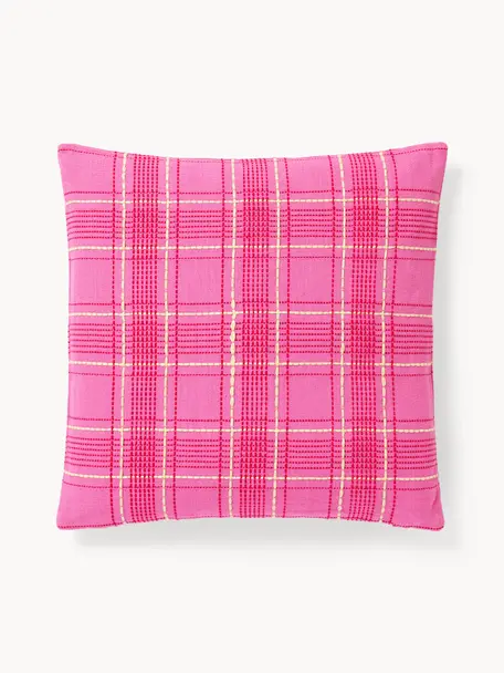 Karierte Baumwollkissenhülle Orla mit Stickereien, 100 % Baumwolle, Pink, B 45 x L 45 cm