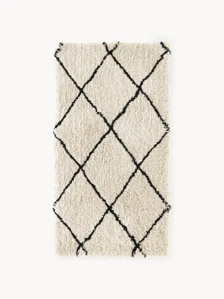 Nadýchaný ručně tkaný koberec s vysokým vlasem Naima, Béžová, černá, Š 80 cm, D 150 cm (velikost XS)