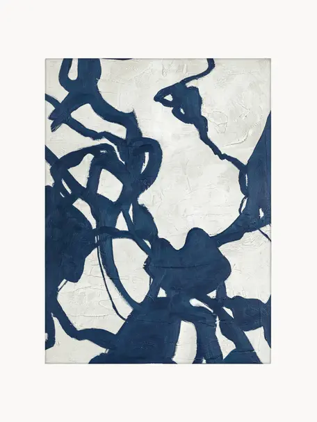 Impression sur toile peinte à la main encadrée Blueplay, Blanc cassé, bleu foncé, larg. 92 x haut. 120 cm