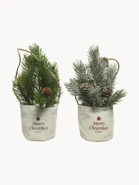 Künstliche Mini-Weihnachtsbäume Mibam, 2er-Set, Beutel: Jute, Dunkelgrün, Hellbeige, Ø 8 x H 22 cm