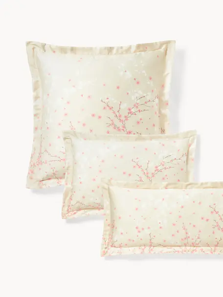 Funda de almohada de satén estampada Sakura, Beige claro, rosa claro, blanco, An 65 x L 65 cm