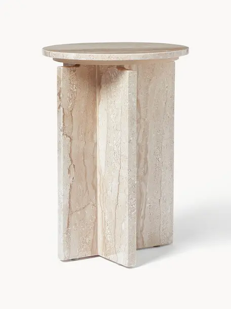 Table d'appoint ronde en travertin Marisa, Beige, travertin, Ø 35 x haut. 50 cm