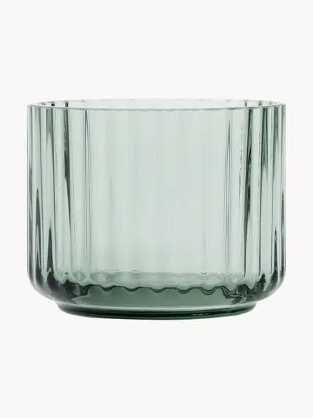 Mundgeblasener Teelichthalter Lyngby mit geriffelter Oberfläche, Glas, Salbeigrün, transparent, Ø 7 x H 6 cm