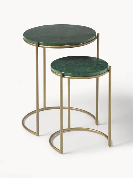 Set de mesas auxiliares de mármol Ella, 2 pzas., Tablero: mármol, Estructura: metal con pintura en polv, Mármol verde, dorado, Set de diferentes tamaños