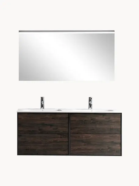 Set doppio lavabo Ago 4 pz, Superficie dello specchio: vetro a specchio, Nero effetto legno di frassino, Larg. 121 x Alt. 190 cm