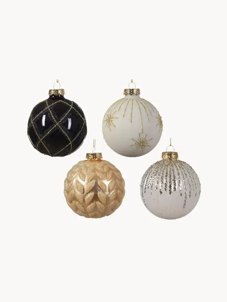 Weihnachtskugeln Glam, 12er-Set, Glas, Weiß, Schwarz, Goldfarben, Ø 8 cm