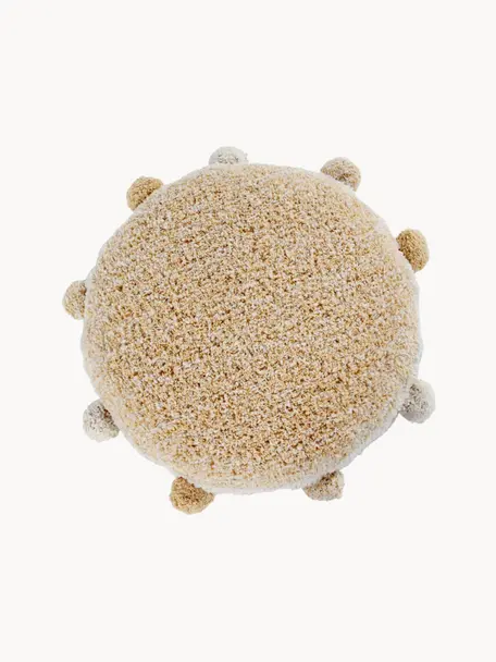 Coussin de sol pour enfants fait à la main Pompom, Ocre, blanc cassé, Ø 48 x haut. 10 cm