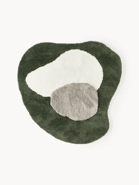 Tapis en forme organique Rylee, 100 % polyester, certifié GRS, Vert foncé, blanc cassé, grège, Ø 150 cm (taille M)