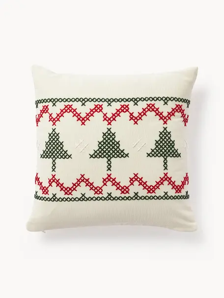 Bestickte Kissenhülle Rebeca mit weihnachtlichem Muster, 100 % Baumwolle, Off White, Rot, Grün, B 45 x L 45 cm