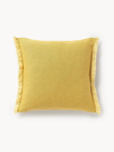 Funda de cojín de lino con flecos Luana, 100% lino

Por naturaleza, el lino tiene un tacto bastante aspero y un aspecto arrugado natural
La alta resistencia al desgarro hace que el lino sea muy resistente., Amarillo sol, An 40 x L 40 cm