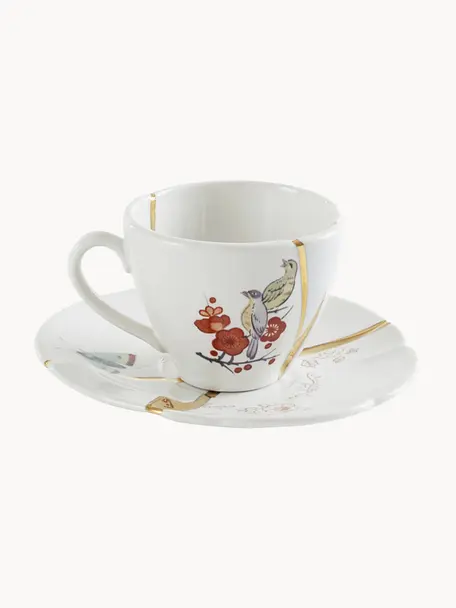 Design espresso kop Kintsugi met schotel, Decoratie: goudkleurig, Wit, goudkleurig, Ø 6 x H 5 cm, 75 ml