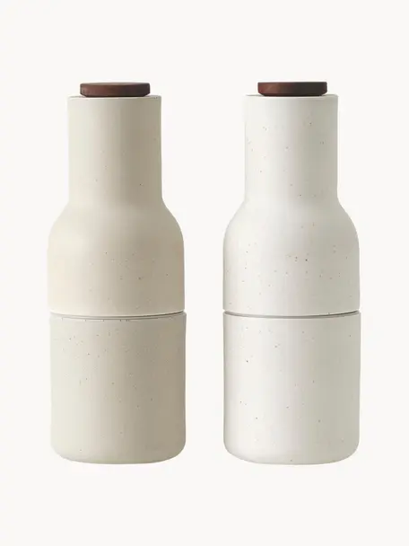 Designer Salz- & Pfeffermühle Bottle Grinder mit Walnussholzdeckel, 2er-Set, Korpus: Keramik, Mahlwerk: Keramik, Deckel: Walnussholz, Off White, Hellbeige, Ø 8 x H 21 cm