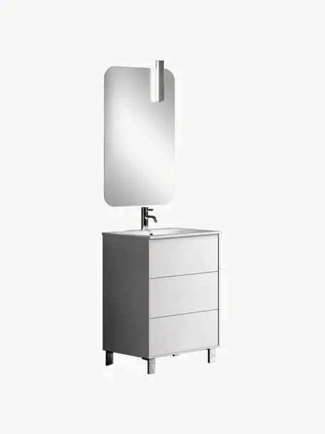 Set lavabo Ago 4 pz, Superficie dello specchio: vetro a specchio, Lampada: alluminio, rivestito, Bianco, Larg. 71 x Alt. 190 cm