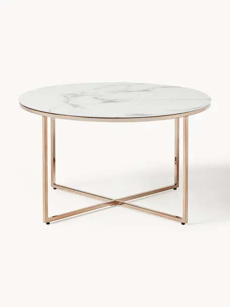 Tavolino rotondo da salotto con piano in vetro effetto marmo Antigua, Struttura: metallo ottonato, Bianco effetto marmo, ottonato, Ø 80 cm