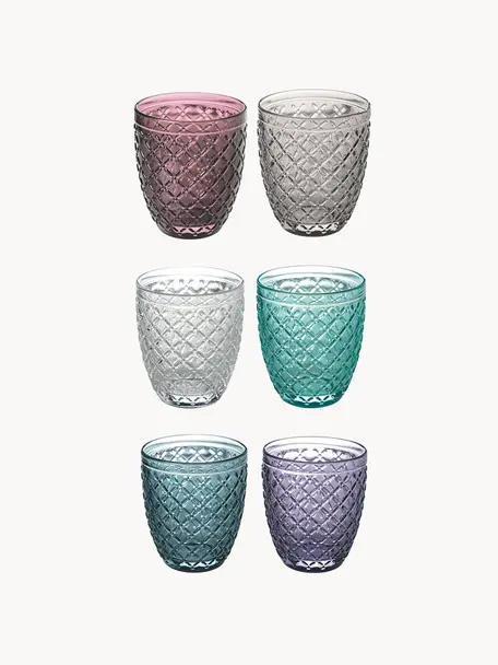 Set di 6 bicchieri acqua Rombi, Vetro, Tonalità viola e turchese, trasparenti, Ø 8 x Alt. 10 cm, 350 ml