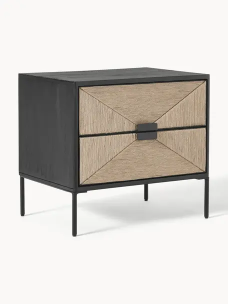 Mesita de noche de madera de mango June, con cajones, Estructura: madera de mango maciza ba, Patas: metal con pintura en polv, Negro, madera de mango, beige, An 55 x Al 50 cm