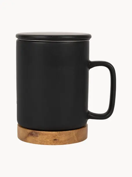 Tasse Nordika mit Deckel und Sieb, Sockel: Akazienholz, Sieb: Rostfreier Stahl, Schwarz, matt, Dunkles Holz, Ø 9 x H 12 cm, 370 ml