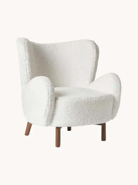 Fauteuil à oreilles en tissu peluche Kalia, Tissu peluche blanc, bois de hêtre foncé, larg. 78 x prof. 80 cm