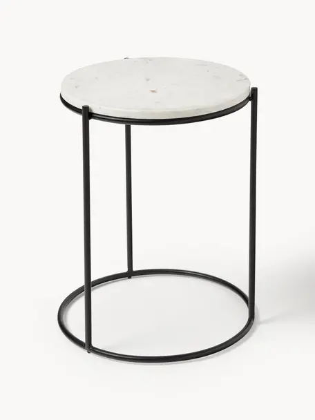Tavolino rotondo con piano in marmo Ella, Struttura: metallo verniciato a polv, Bianco marmorizzato, nero, Ø 40 x Alt. 50 cm