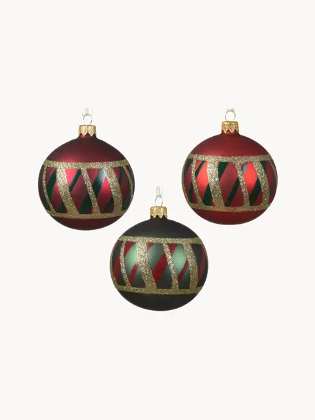 Kerstballen Merry, set van 6, Glas, Rood, donkergroen, goudkleurig, Ø 8 cm