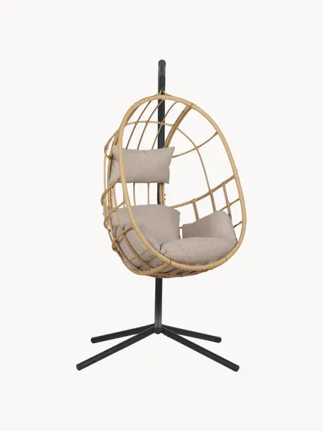 Poltrona sospesa con cuscini Bahamas, Struttura: metallo rivestito, Tessuto beige chiaro, rattan, Larg. 128 x Alt. 190 cm