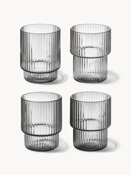 Verres à eau striés soufflés bouche Ripple, 4 élém., Verre, soufflé bouche, Gris, transparent et haute brillance, Ø 7 x haut. 9 cm, 200 ml