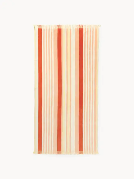 Fouta rayé avec franges Miri, Pêche, terracotta, jaune, larg. 90 x long. 170 cm