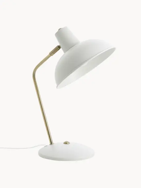 Lámpara de escritorio retro Hood, Pantalla: metal pintado, Cable: plástico, Blanco, latón, An 20 x Al 38 cm