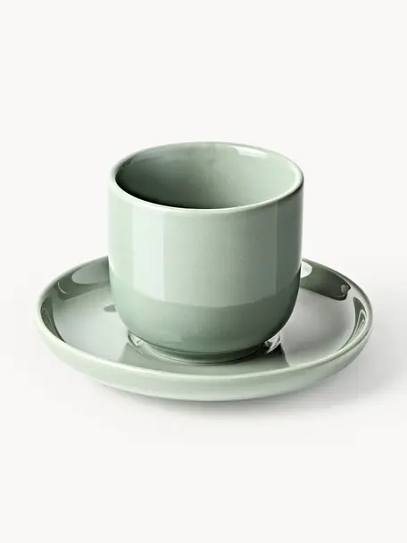 Porzellan-Espressobecher Nessa mit Untertassen, 4 Stück, Hochwertiges Hartporzellan, glasiert, Salbeigrün, glänzend, Ø 7 x H 6 cm, 90 ml