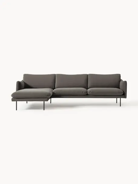 Sofa narożna z aksamitu Moby, Tapicerka: aksamit (wysokiej jakości, Stelaż: lite drewno sosnowe, Nogi: metal malowany proszkowo , Taupe aksamit, S 280 x G 160 cm, lewostronna