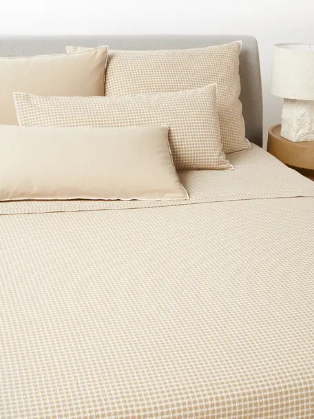 Drap de lit en coton seersucker avec motif à carreaux Davey, Beige, blanc, 240 x 280 cm