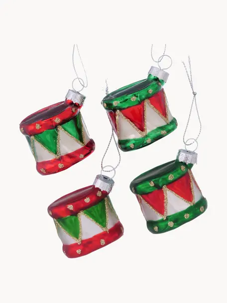 Sada vánočních ozdob Drummy, 4 díly, Lakované sklo, Zelená, červená, Š 6 cm, V 5 cm