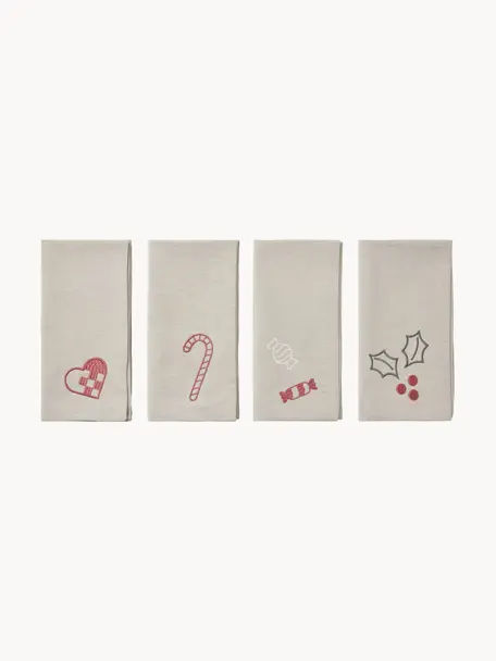 Serviettes de table Bomuld, 4 élém., 100 % coton, Gris clair, rouge, larg. 45 x long. 45 cm