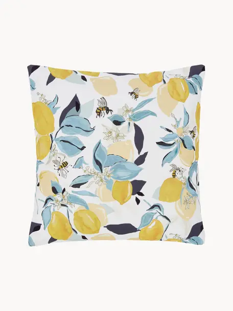 Katoenen kussenhoes Bumble met citroenprint, 100% katoen, Wit, blauw, geel, B 40 x L 40 cm
