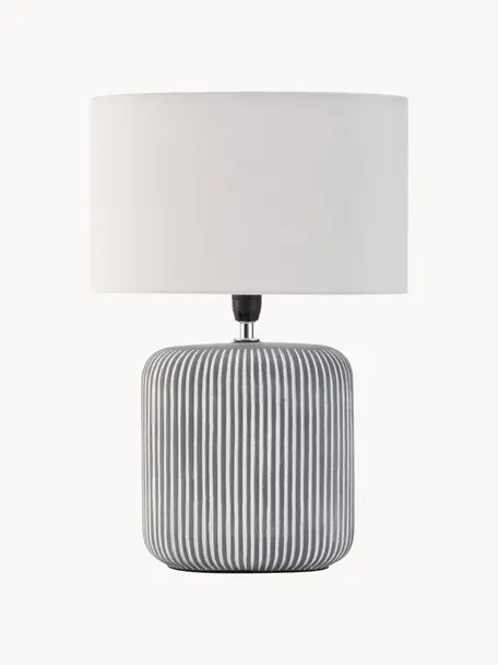 Gestreifte Ovale Keramik-Tischlampe Pure Shine, Lampenschirm: Stoff, Weiss, Grau, Ø 27 x H 38 cm